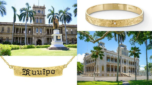 Collage: Hawai'i Kam Statue & Supreme Court/Hawaiian Heirloom bangle/Hawaiian Heirloom Necklace/I'olani Palace