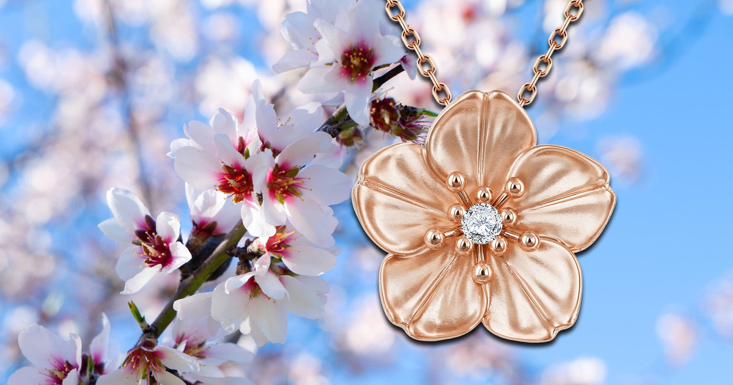 Cherry Blossom Pendant with Diamond Item No. 45164- Cherry blossoms in background