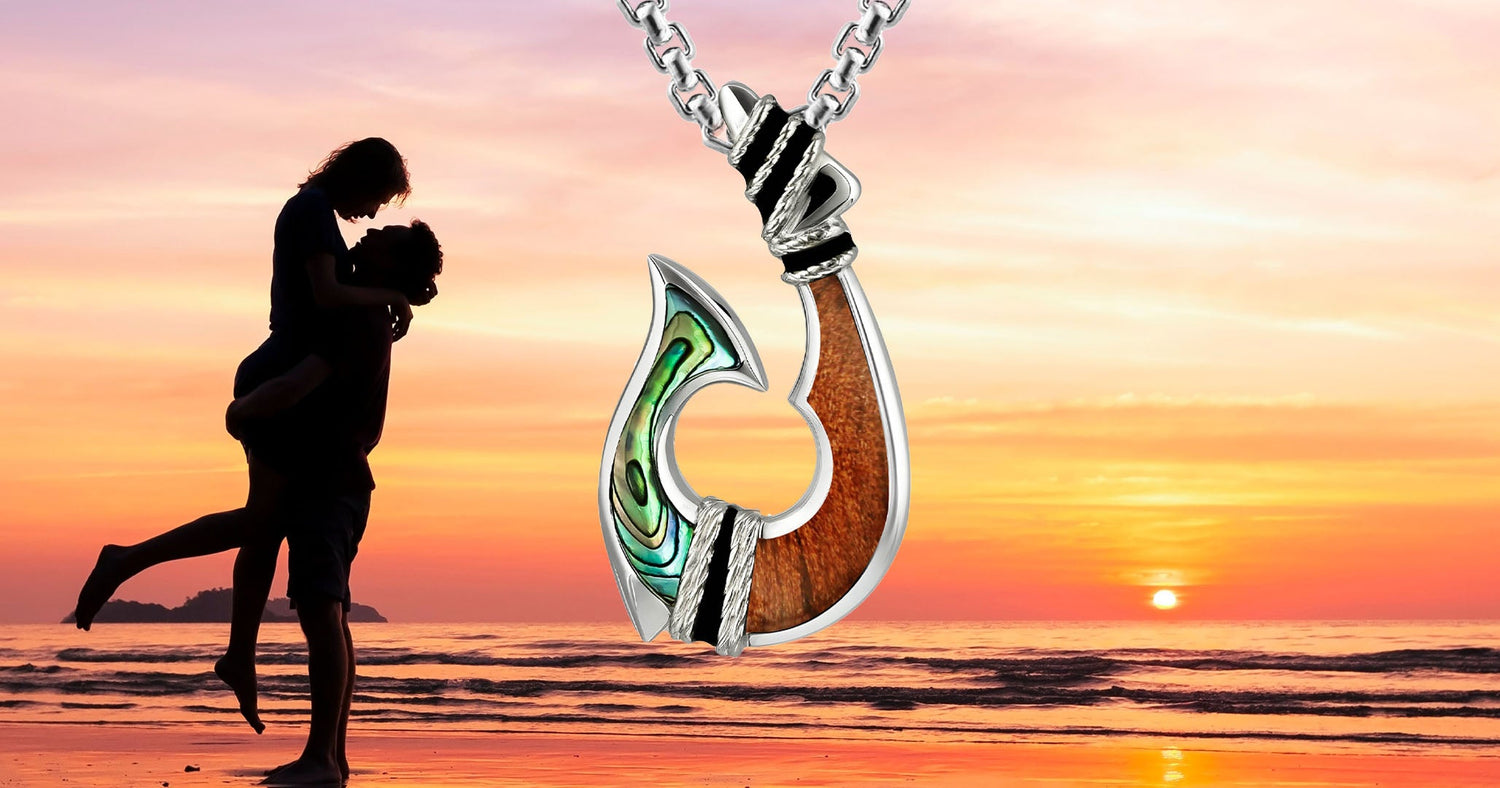 Fish Hook Pendant with Enamel, Abalone and Koa Wood Item No. 44439 - silhouette of hugging couple at beach, sunset