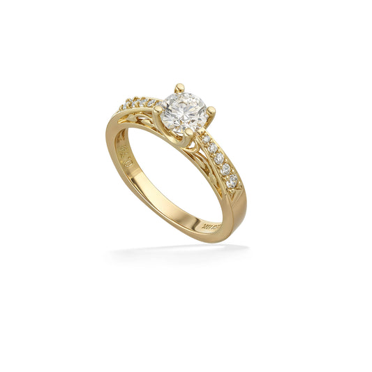 38727 - 18K Yellow Gold - Round 3/4 Carat I-SI1 Na Hoku Solitaire Ring with Side Diamonds