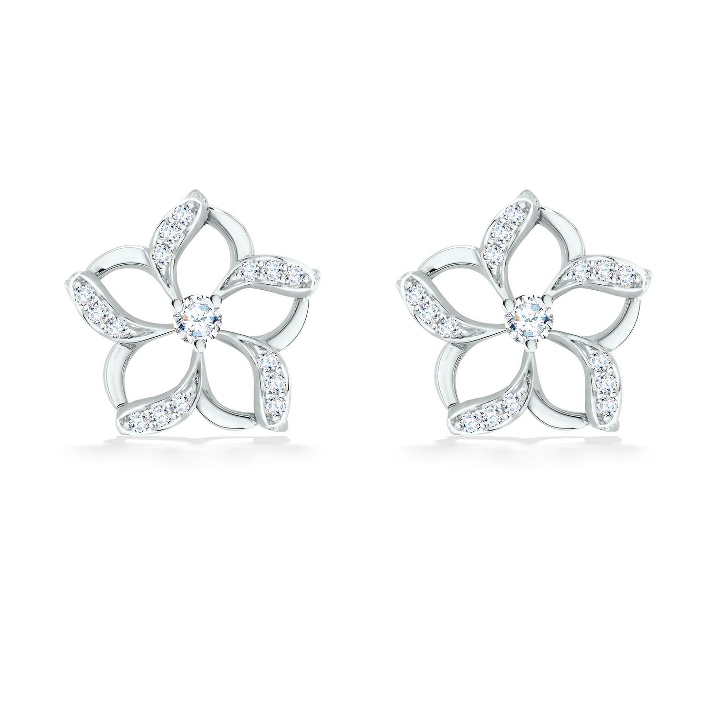 19498 - 14K White Gold - Floating Plumeria Stud Earrings