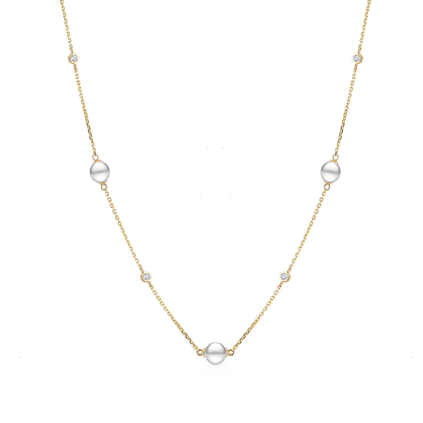 44190 - 14K Yellow Gold - White Akoya Pearl and Diamond Necklace