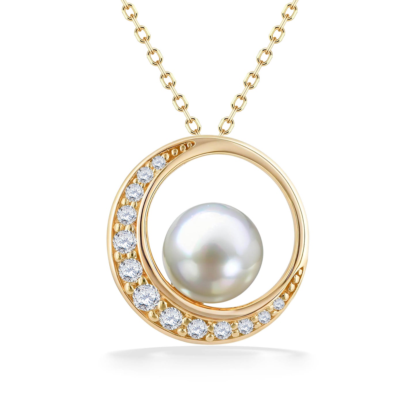 44263 - 14K Yellow Gold - Akoya Pearl Crescent Pendant with Diamonds