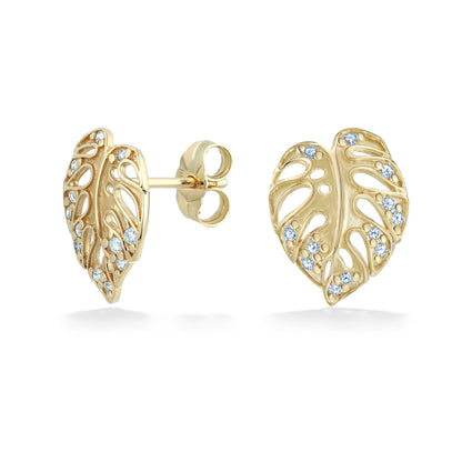 44416 - 14K Yellow Gold - Diamond Monstera Stud Earrings