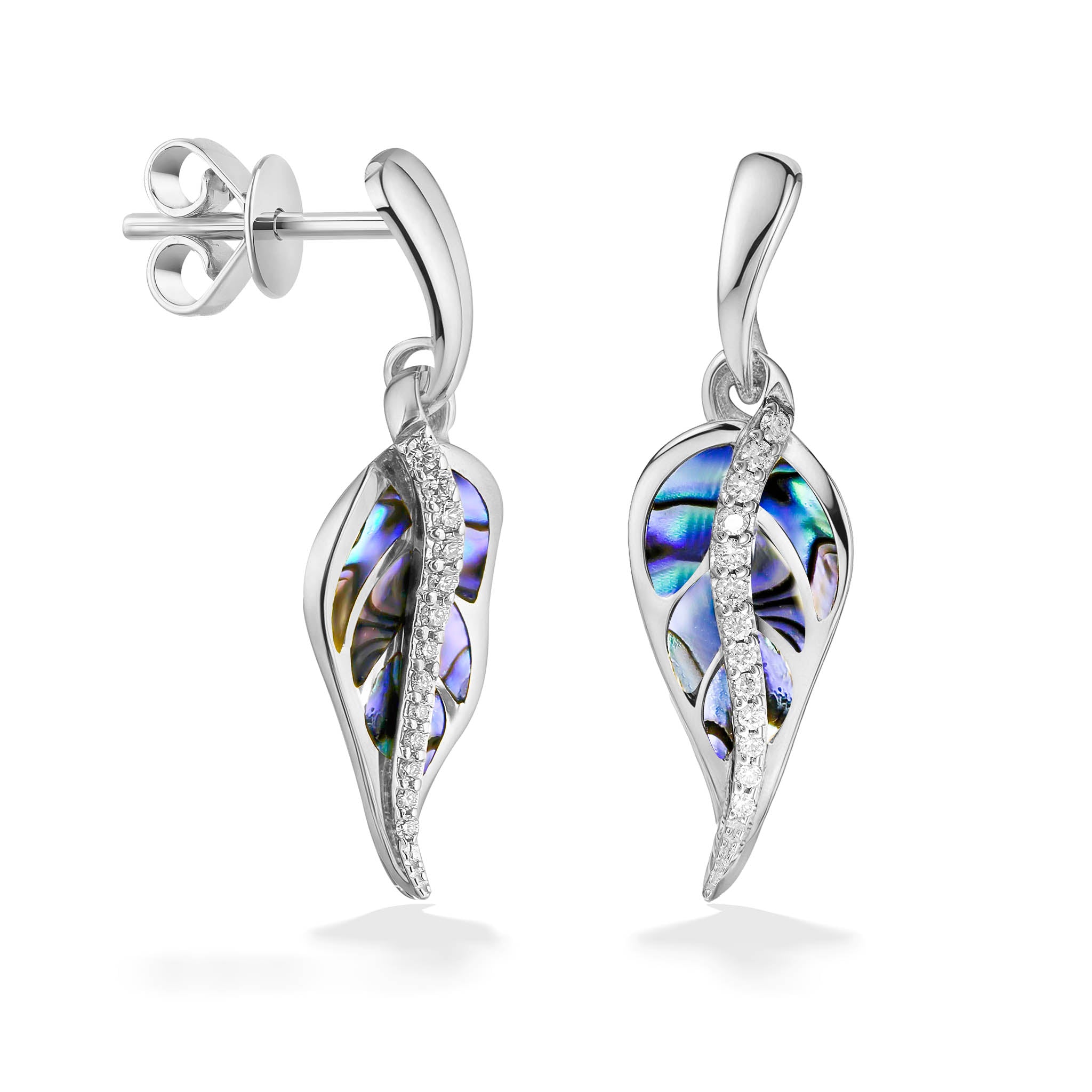 Maile Leaf Dangle Earrings with Abalone and Diamonds