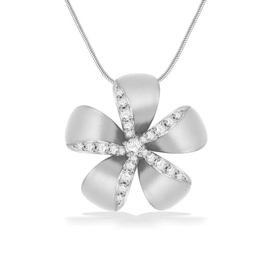 44554 - 14K White Gold - Large Plumeria Pendant with Pavé Set Diamonds