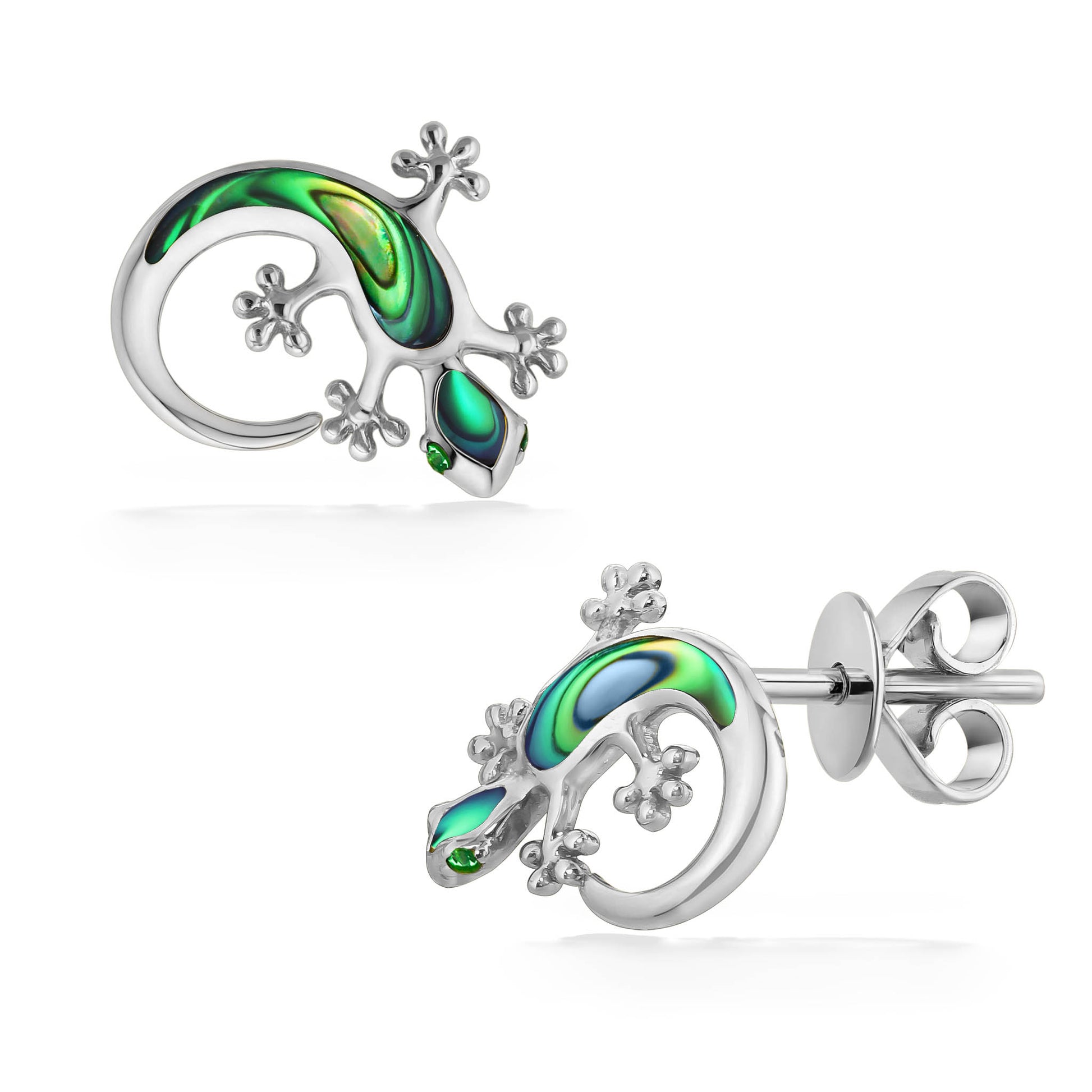 44593 - 14K White Gold - Gecko Abalone and Tsavorite Stud Earrings