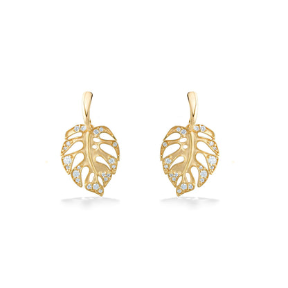 44677 - 14K Yellow Gold - Diamond Monstera Dangle Earrings