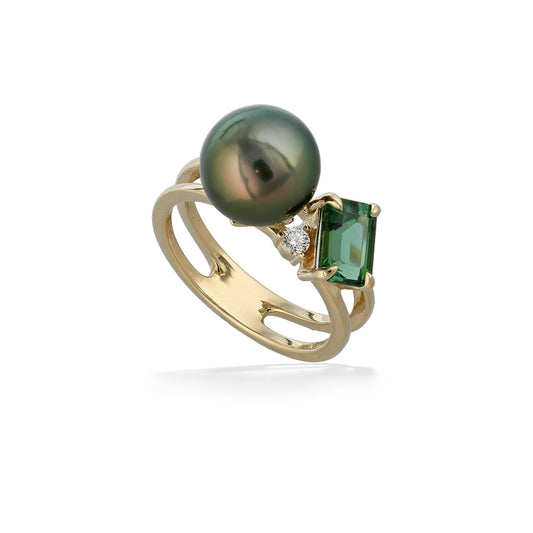 44955 - 14K Yellow Gold - Tahitian Pearl, Green Tourmaline and Diamond Ring