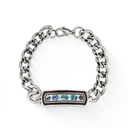 44759 - Sterling Silver and Stainless Steel - ID Bracelet with Enamel, Abalone and Koa Wood