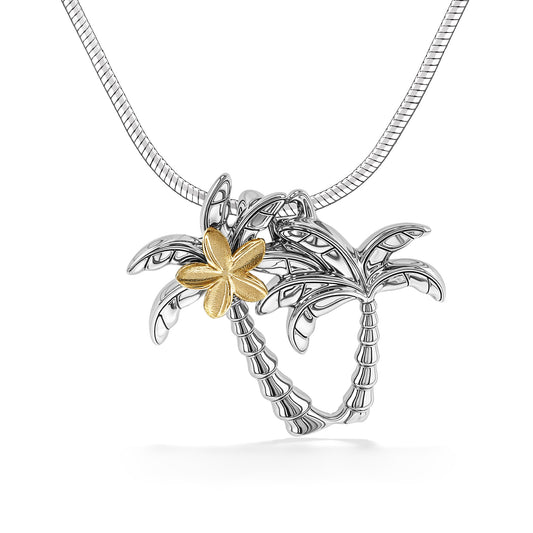 44761 - 14K Yellow Gold and Sterling Silver - Palm Tree Plumeria Pendant