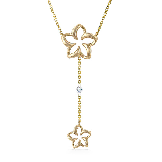 44771 - 14K Yellow Gold - Double Floating Plumeria Lariat Necklace