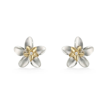 44804 - 14K Yellow Gold and Sterling Silver - Double Plumeria Stud Earrings