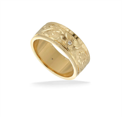 62598 - 14K Yellow Gold - 8mm Hawaiian Heirloom Royal Scroll-Around Ring with Diamond, Size 8