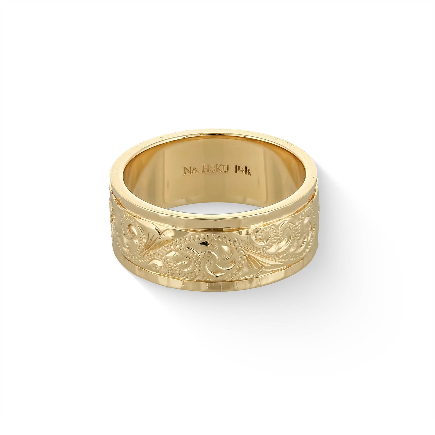 62598 - 14K Yellow Gold - 8mm Hawaiian Heirloom Royal Scroll-Around Ring with Diamond, Size 8