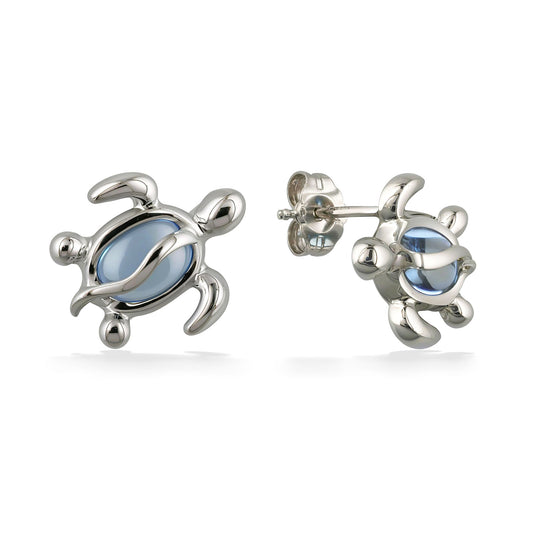 44896 - 14K White Gold - Blue Topaz Honu Stud Earrings