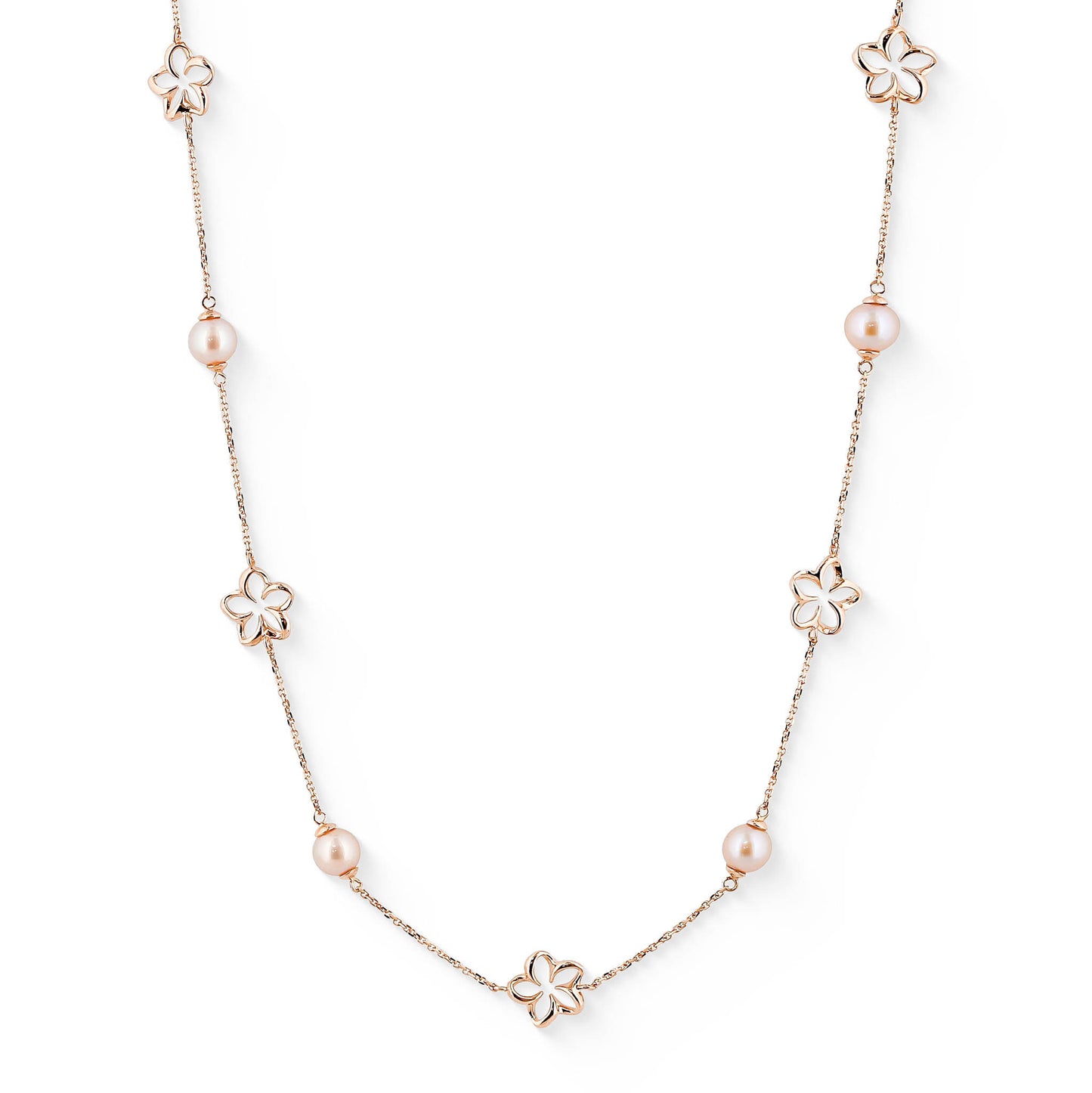 44659 - 14K Rose Gold - Floating Plumeria and Pink Freshwater Pearl Necklace