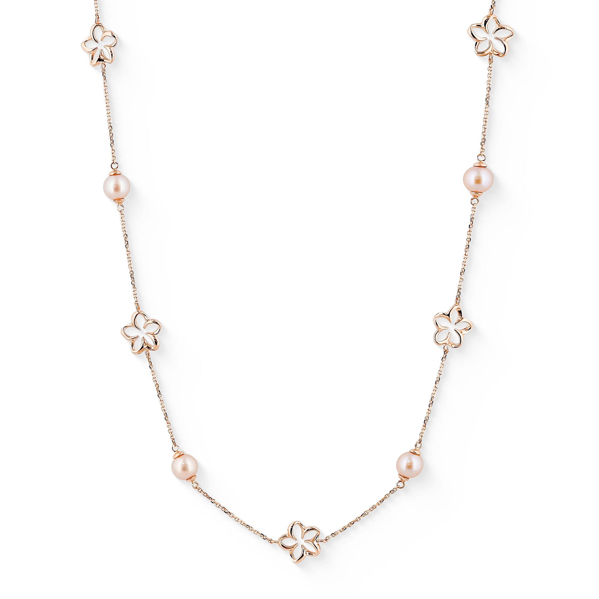 44659 - 14K Rose Gold - Floating Plumeria and Pink Freshwater Pearl Necklace