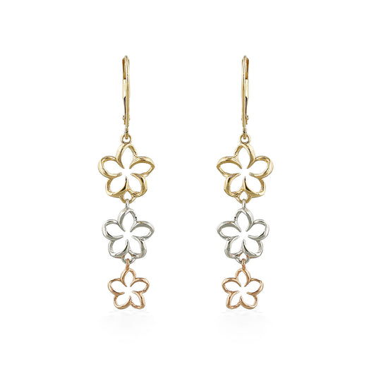 45039 - 14K Rose Gold, 14K White Gold and 14K Yellow Gold - Tri-Color Three Plumeria Drop Leverback Earrings