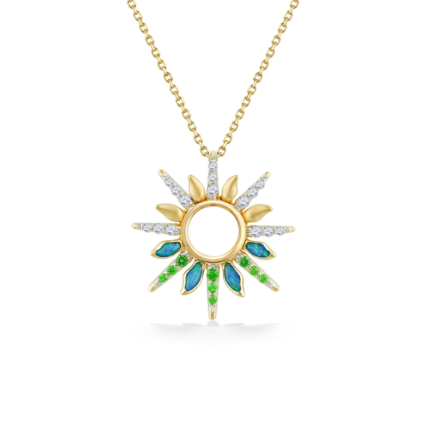 45053 - 14K Yellow Gold - Green Flash Sunset Pendant with Opal Inlay, Tsavorites and Diamonds