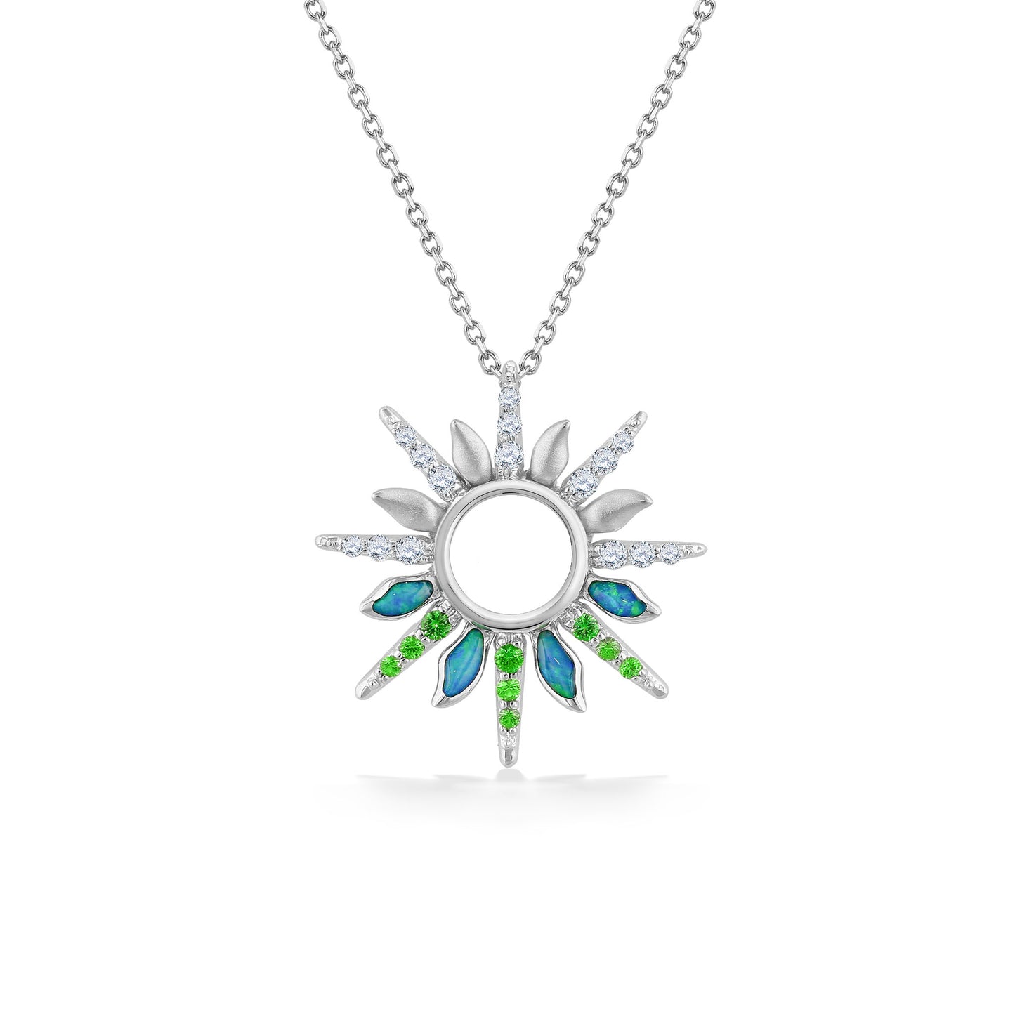 45054 - 14K White Gold - Green Flash Sunset Pendant with Opal Inlay, Tsavorites and Diamonds