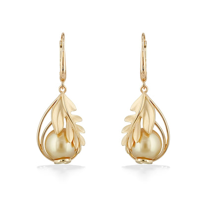 45075 - 14K Yellow Gold - Golden South Sea Pearl Ulu Leverback Earrings