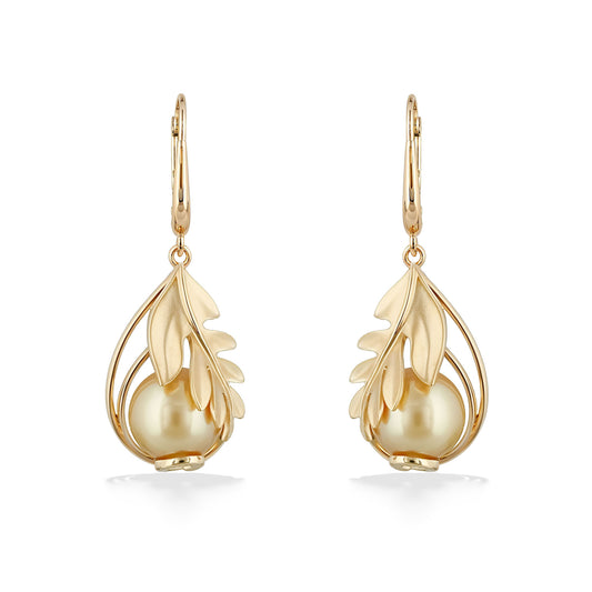 45075 - 14K Yellow Gold - Golden South Sea Pearl Ulu Leverback Earrings