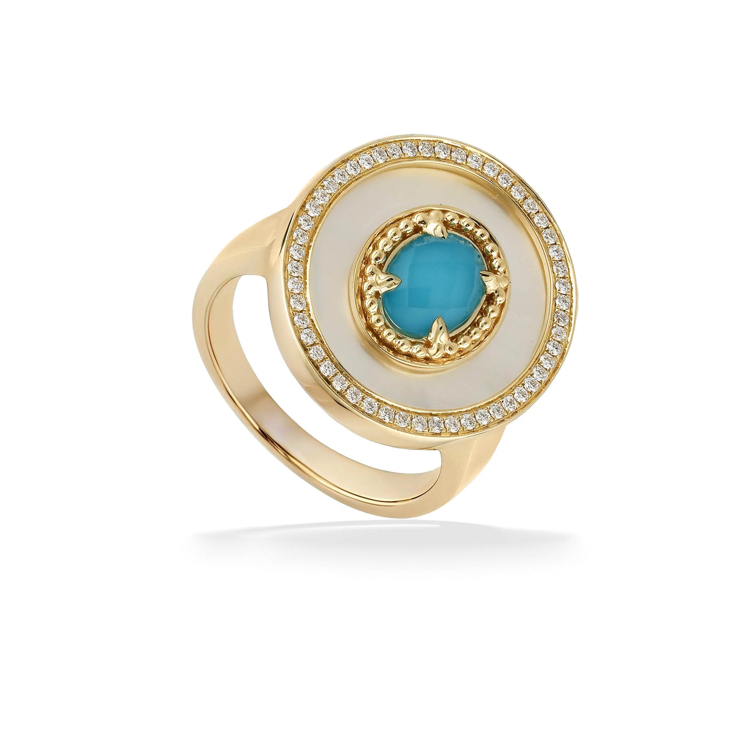 773783 - 18K Yellow Gold - Turquoise Doublet Ring with White Mother of Pearl and Diamonds