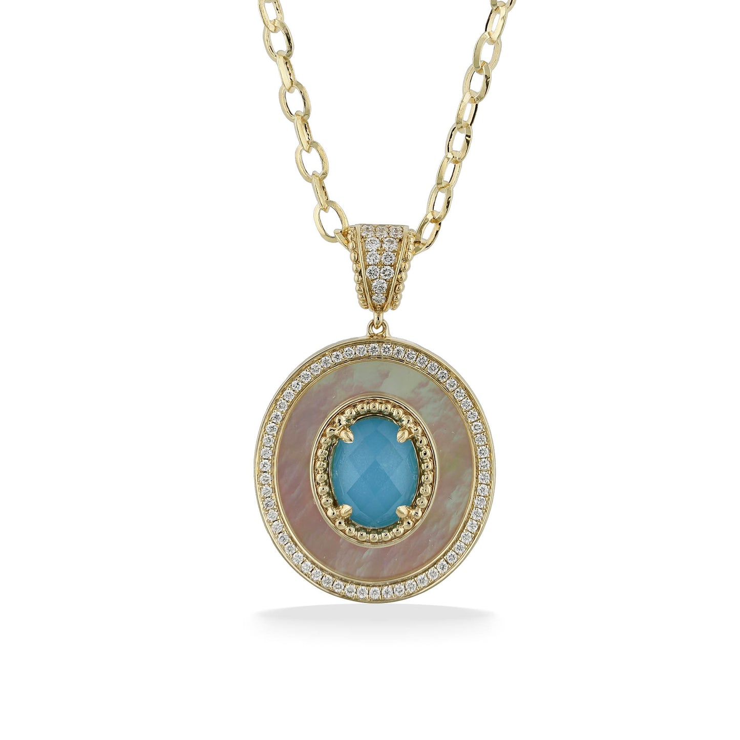 773784 - 18K Yellow Gold - Turquoise Doublet Pendant with White Mother of Pearl and Diamonds