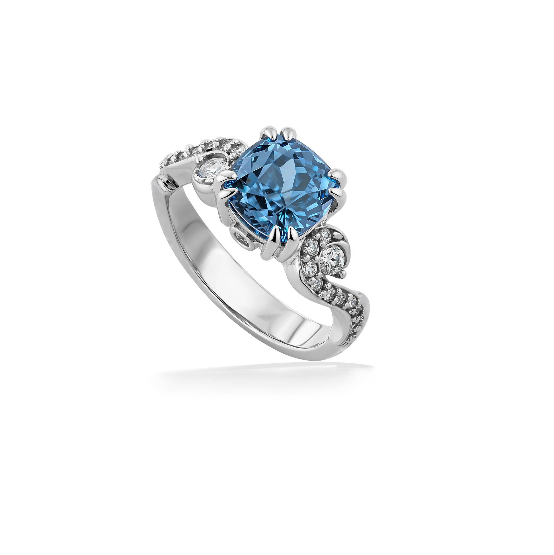 45103 - 14K White Gold - Blue Zircon and Diamonds Mauka and Makai Ring