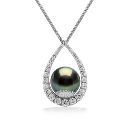 45105 - 14K White Gold - Tahitian Pearl and Diamonds Teardrop Pendant 