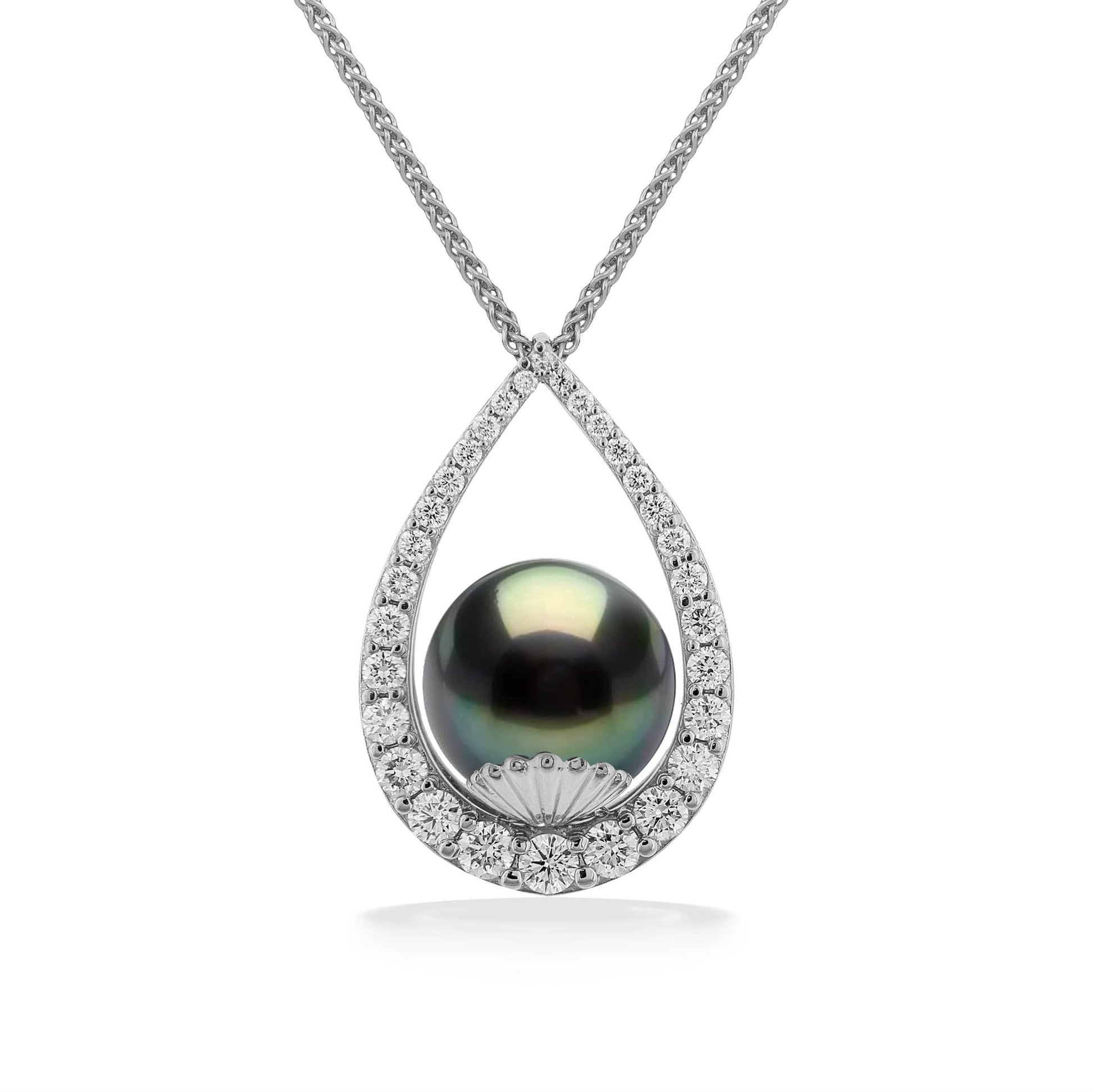 45105 - 14K White Gold - Tahitian Pearl and Diamonds Teardrop Pendant 