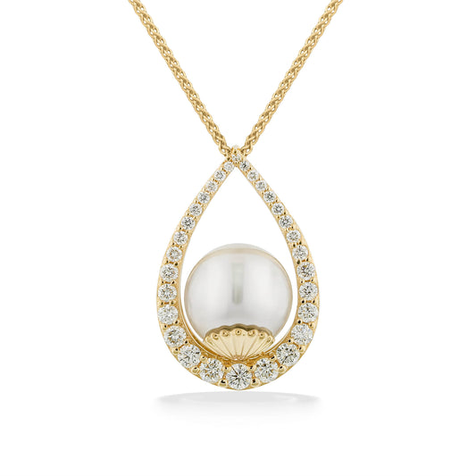 45109 - 14K Yellow Gold - White South Sea Pearl and Diamonds Teardrop Pendant 