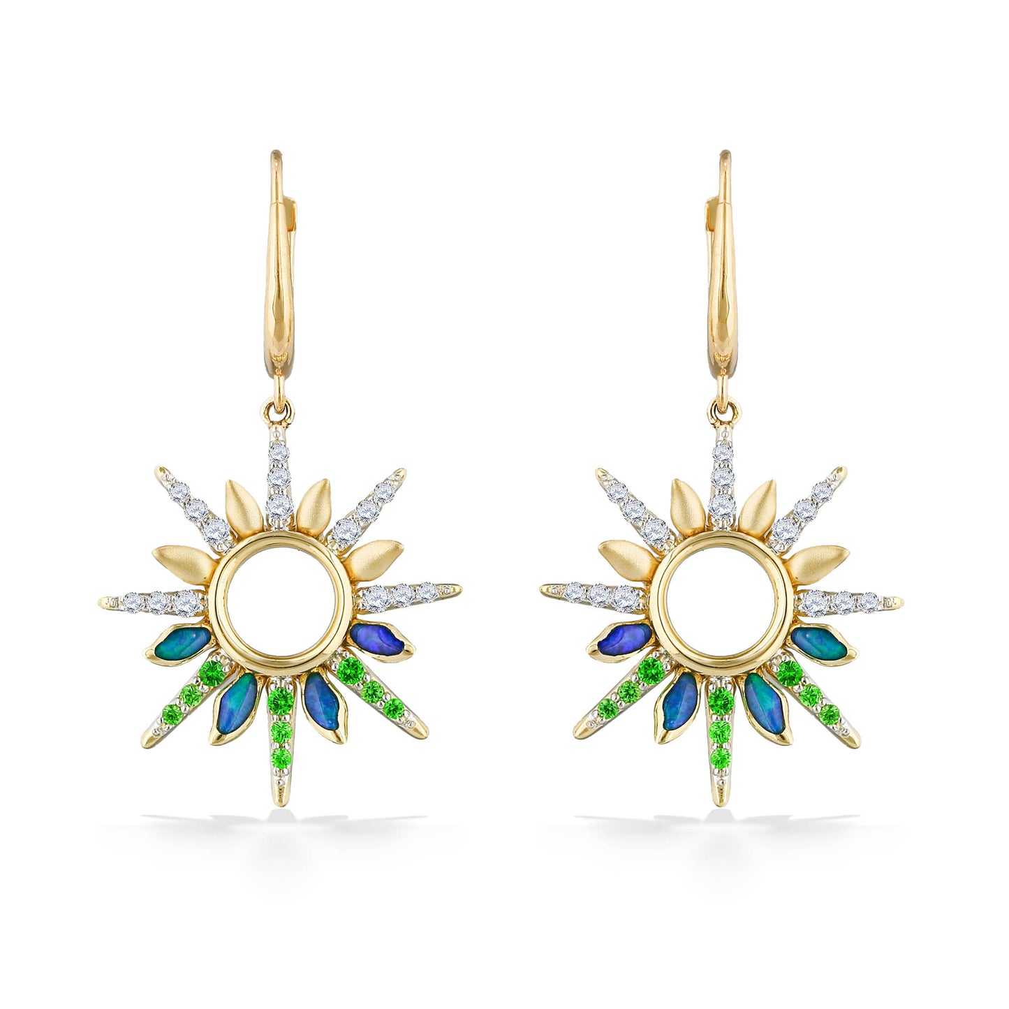 45056 - 14K Yellow Gold - Green Flash Sunset Leverback Earrings  with Opal Inlay, Tsavorites and Diamonds