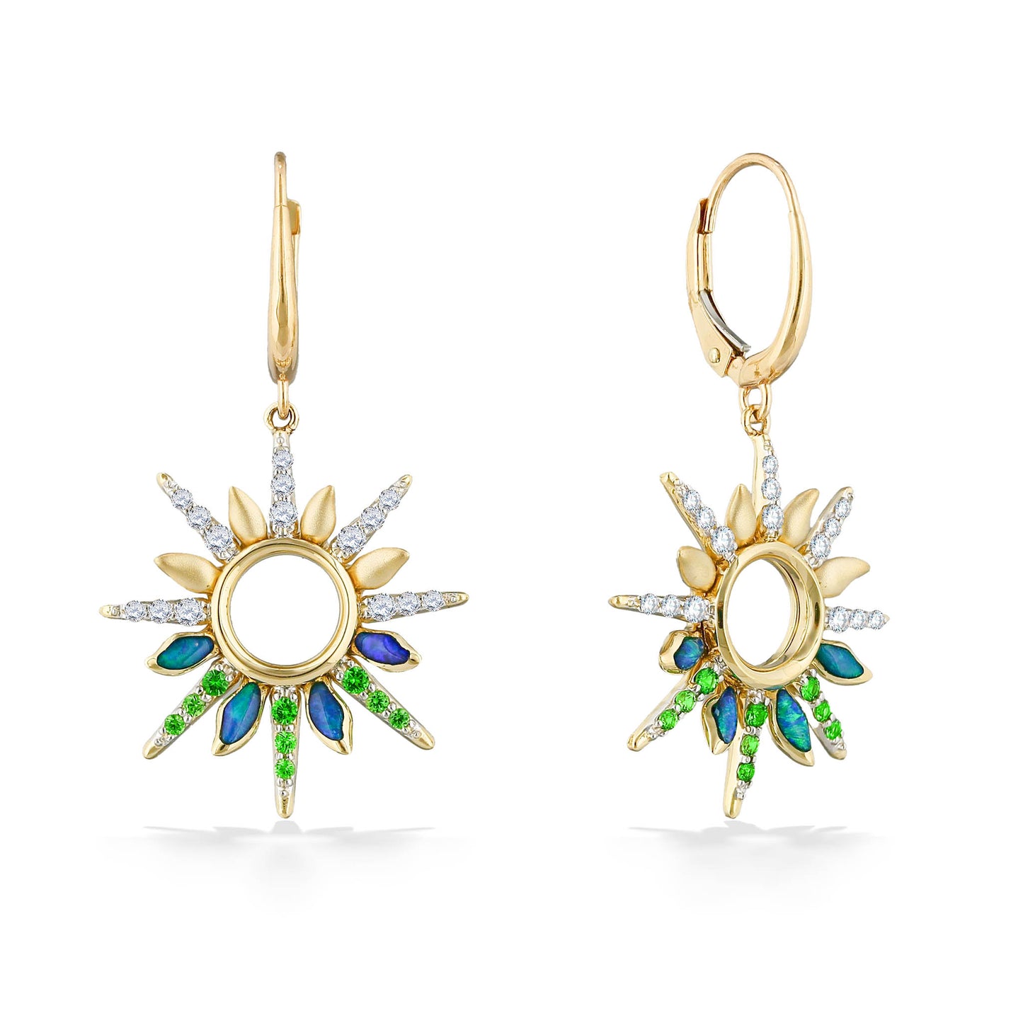 45056 - 14K Yellow Gold - Green Flash Sunset Leverback Earrings  with Opal Inlay, Tsavorites and Diamonds