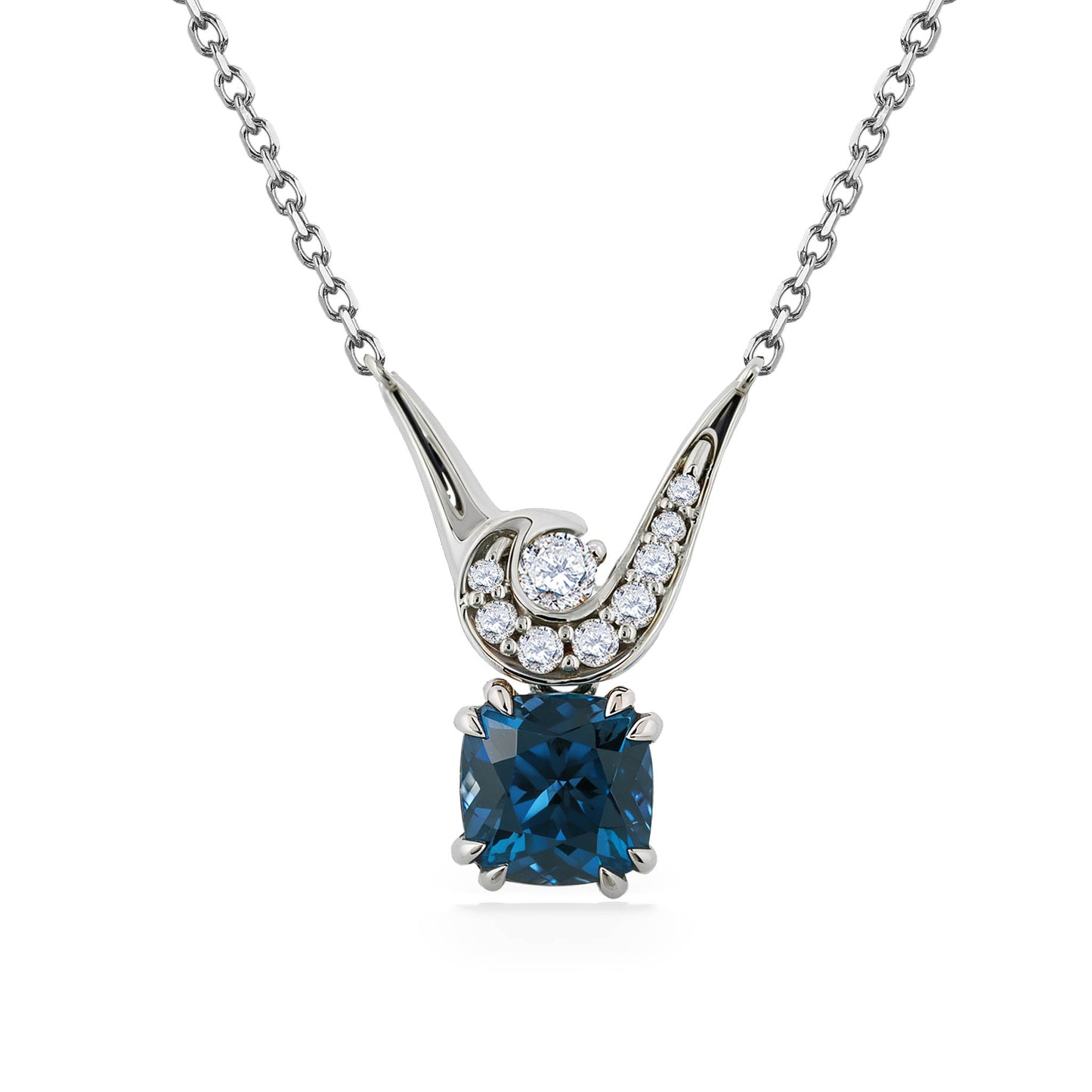 45114 - 14K White Gold - Blue Zircon and Diamonds Mauka and Makai Necklace