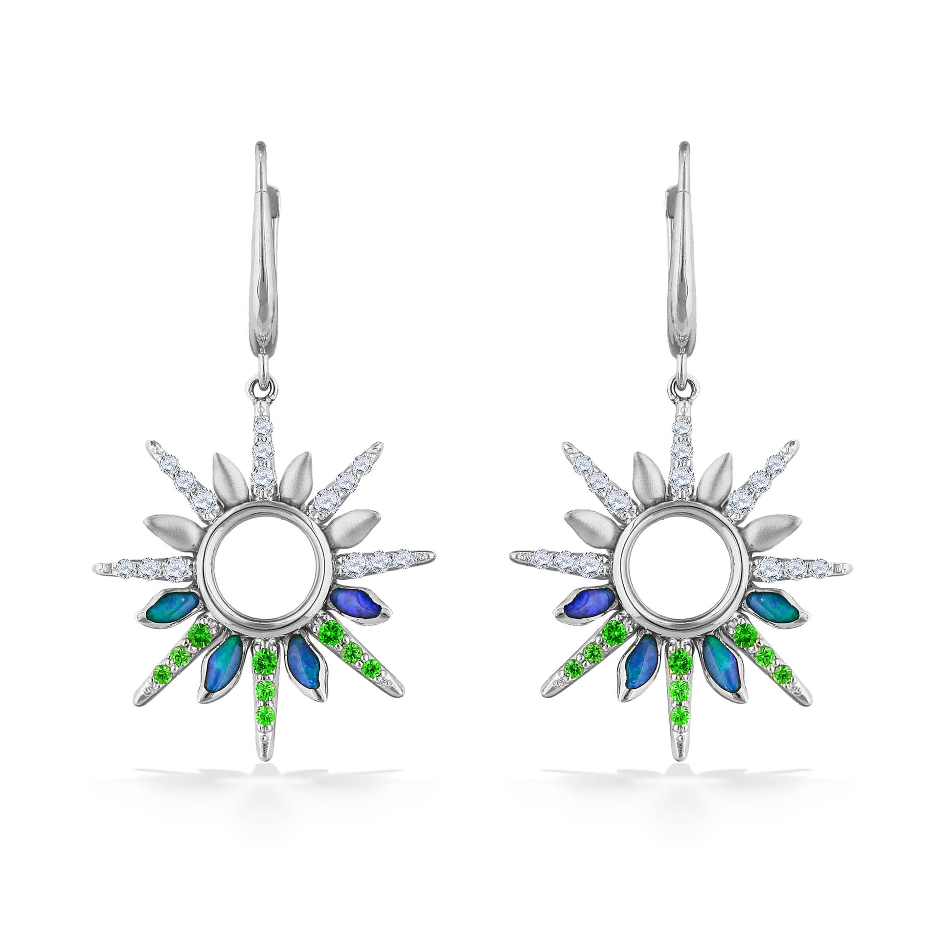 45057 - 14K White Gold - Green Flash Sunset Leverback Earrings  with Opal Inlay, Tsavorites and Diamonds