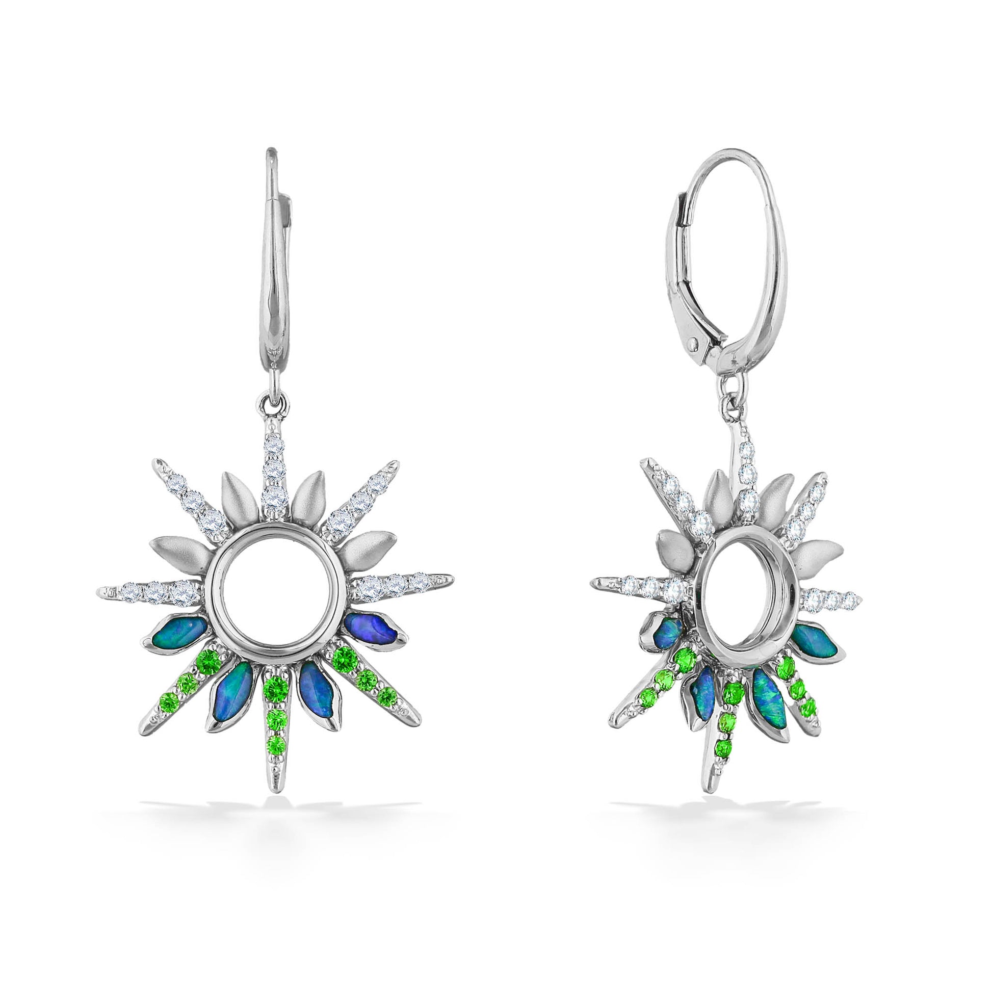 45057 - 14K White Gold - Green Flash Sunset Leverback Earrings  with Opal Inlay, Tsavorites and Diamonds