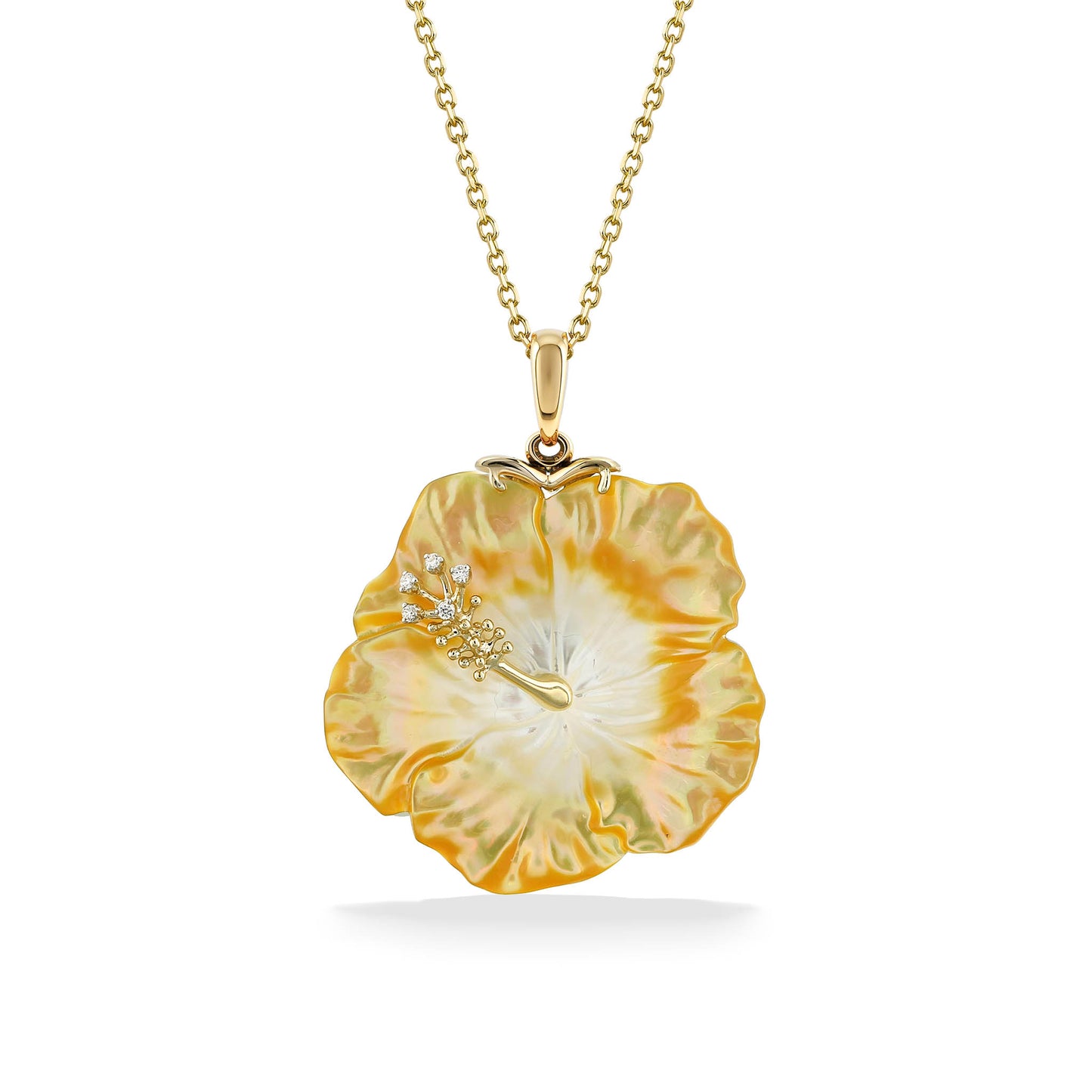 45124 - 14K Yellow Gold - Yellow and White Mother of Pearl Hibiscus Pendant