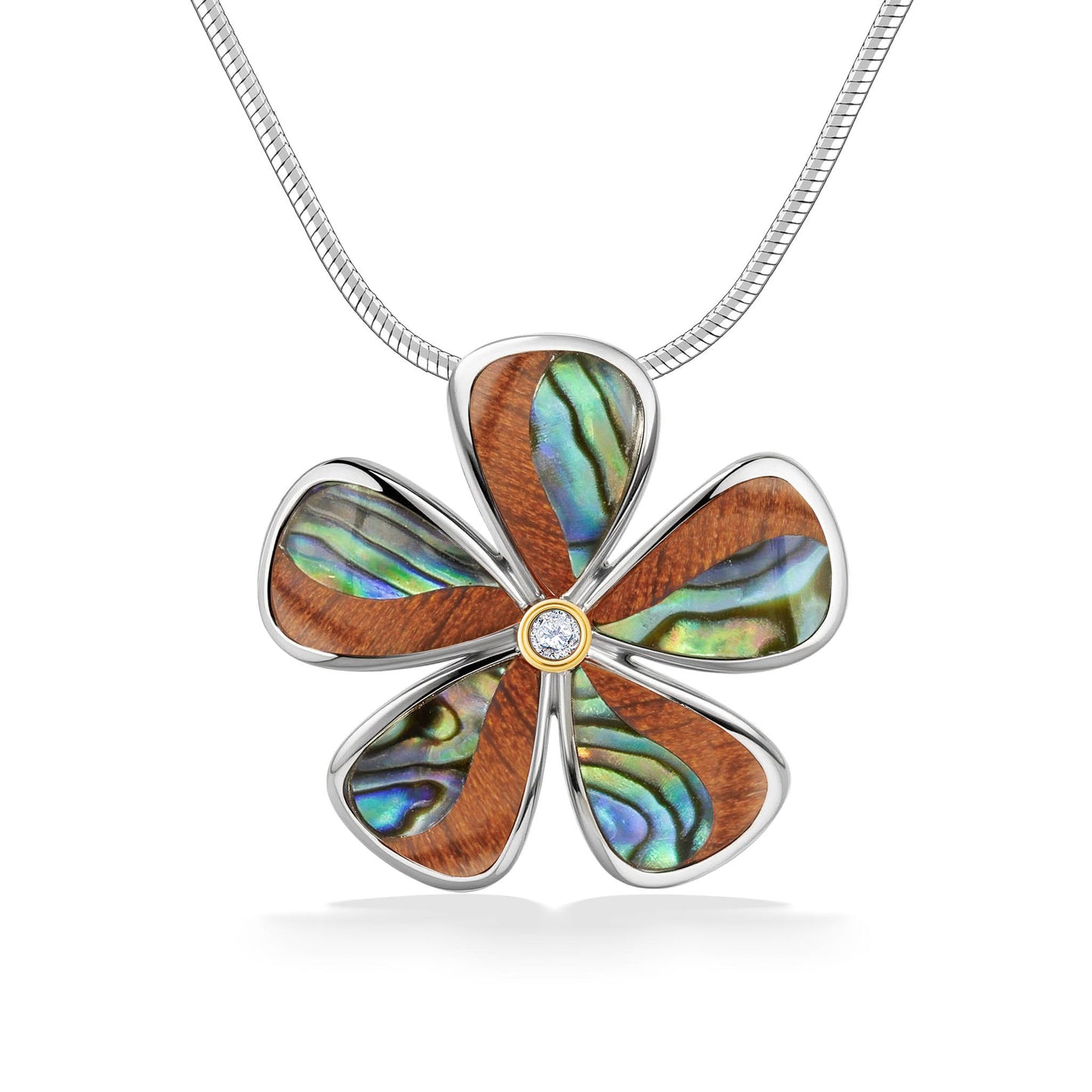 45144 - 18K Yellow Gold and Sterling Silver - Plumeria Pendant with Abalone, Koa Wood and Diamond