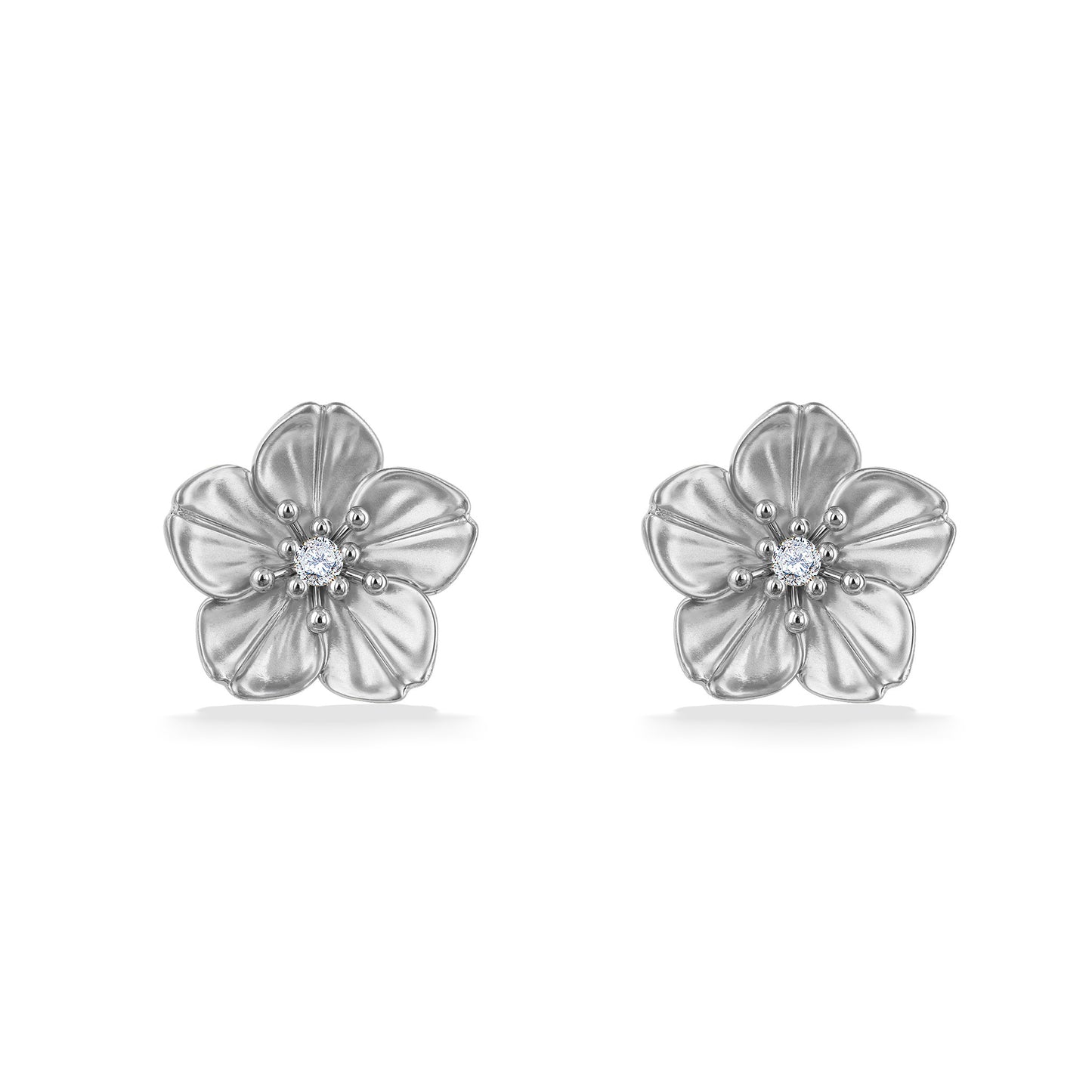 45181 - 14K White Gold - Cherry Blossom Stud Earrings with Diamond