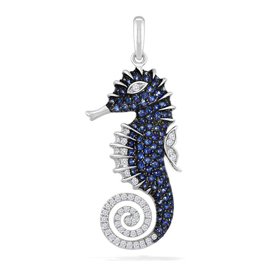 700149 - 14K White Gold - Large Blue Sapphire Seahorse Pendant