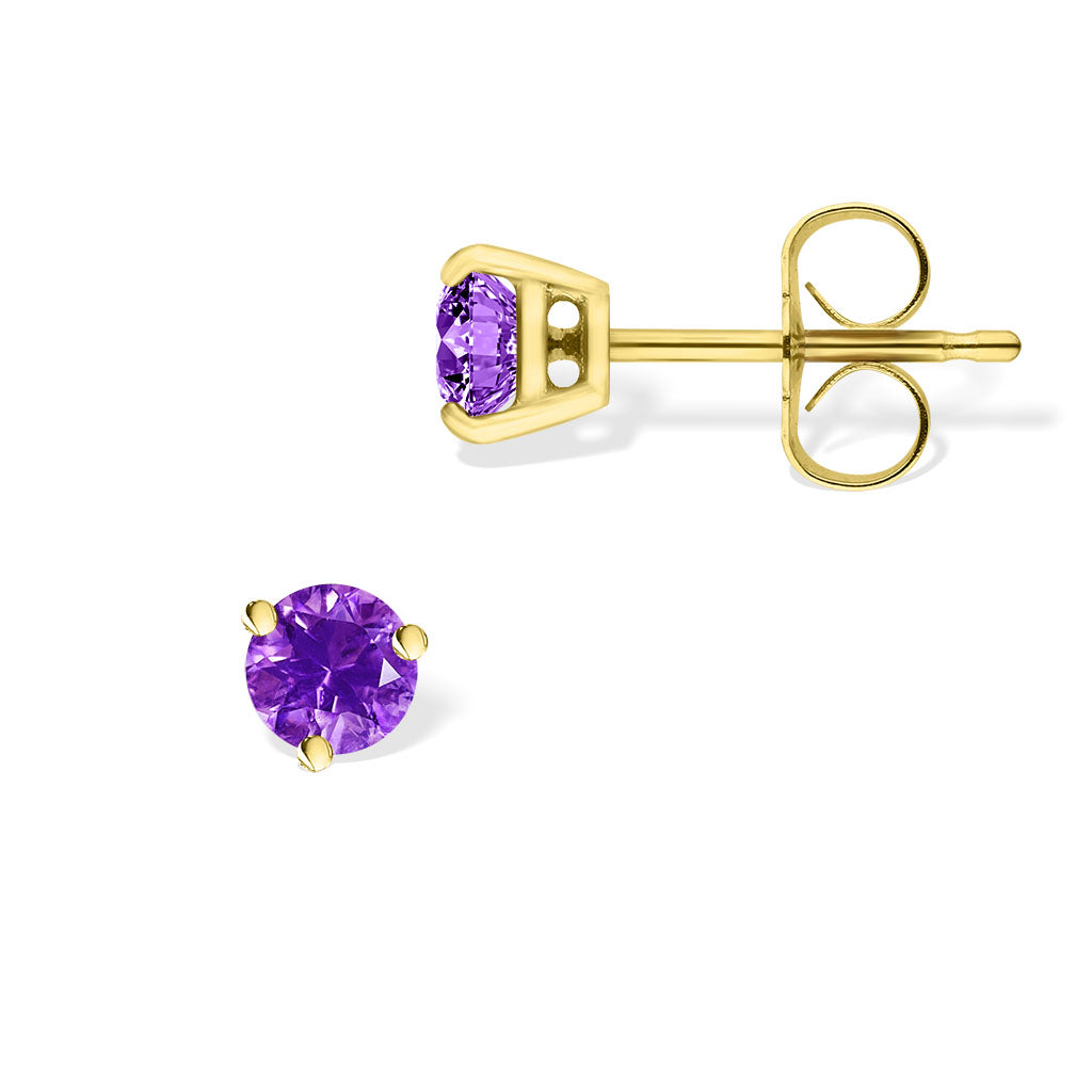 Jewelili Stud Earrings with Round Shape Amethyst in Yellow Gold