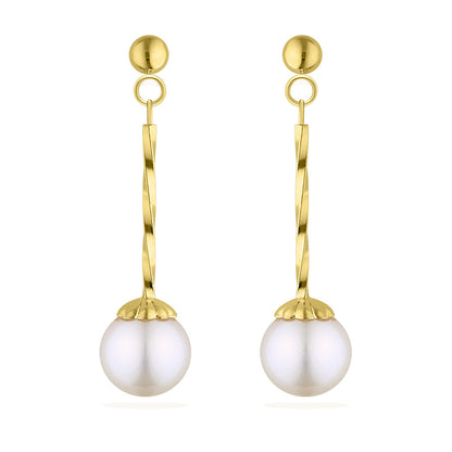 17652 - 14K Yellow Gold - White Akoya Pearl Twisted Dangle Earrings