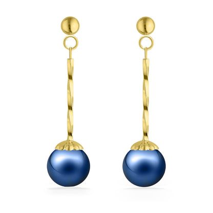 17654 - 14K Yellow Gold - Blue Akoya Pearl Twisted Dangle Earrings