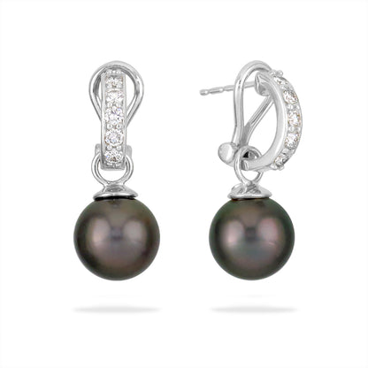 12310 - 14K White Gold - Tahitian Black Pearl Hoop Earrings