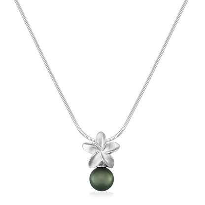 44313 - Sterling Silver - Tahitian Pearl Plumeria Pendant