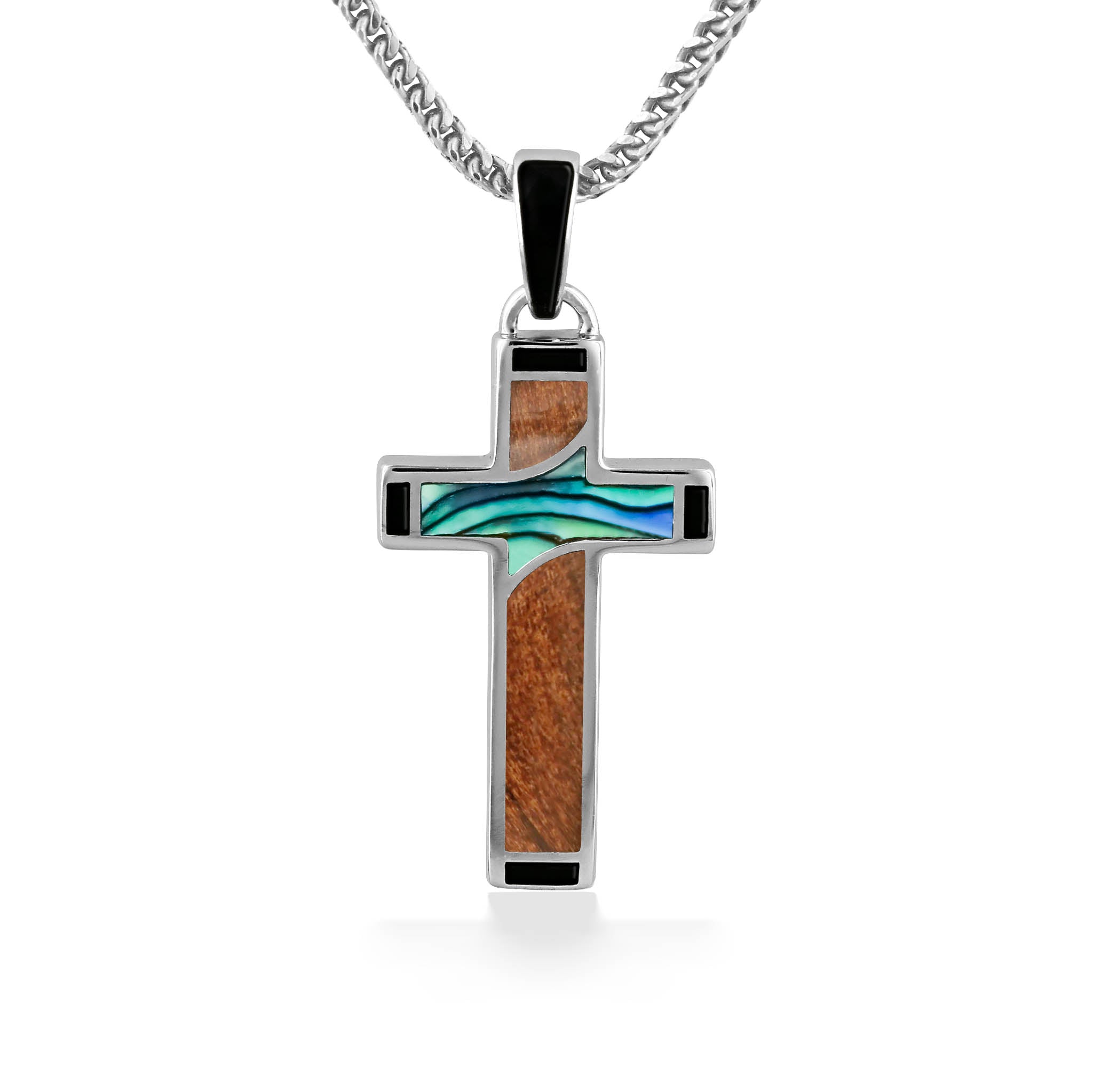 Sterling Silver Cross Pendant Koa Wood Abalone Black Enamel Na Hoku