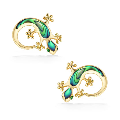 44570 - 14K Yellow Gold - Gecko Abalone and Tsavorite Stud Earrings